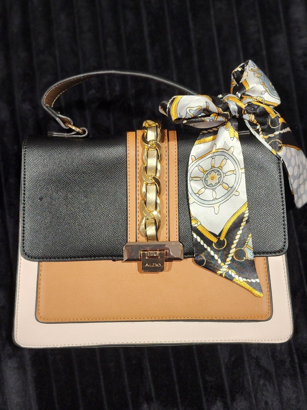 Aldo Black, Tan and Cream Top-Handle Satchel with Scarf Accent